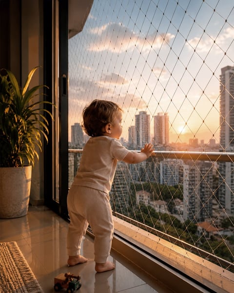 Toddler standing at a high-rise window with safety net