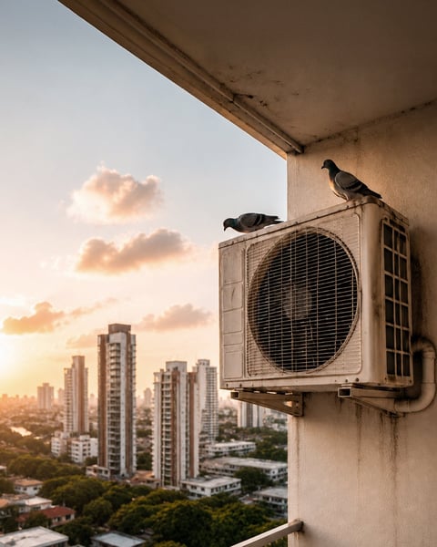 Two birds perched on an AC unit with city skyline