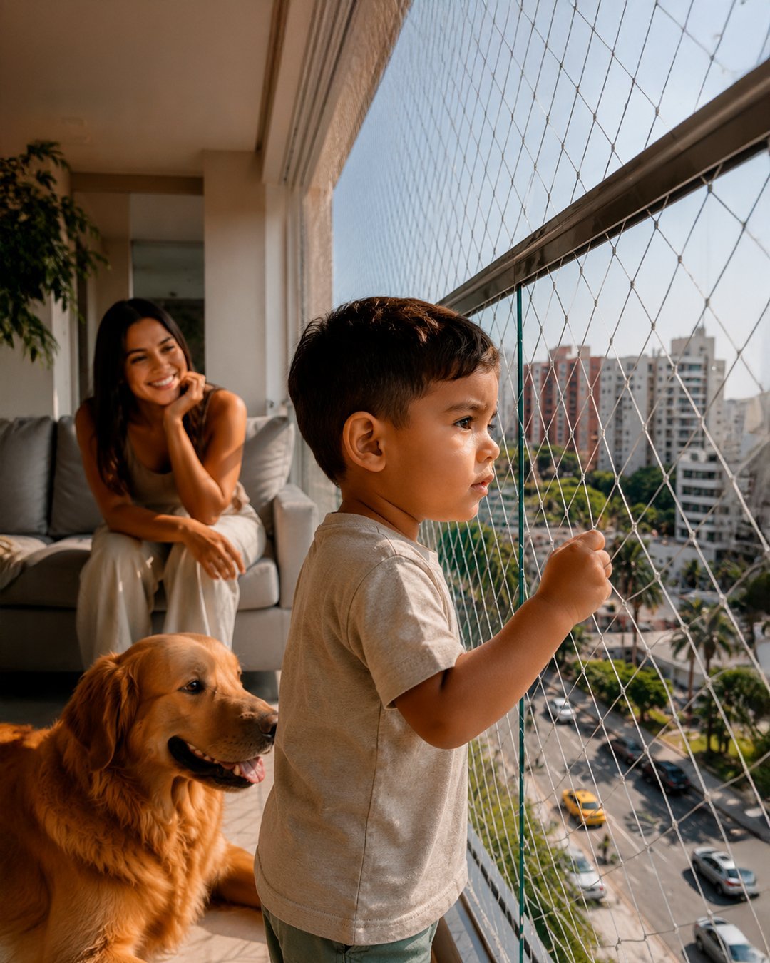 Young boy and golden retriever by window with city view, woman smiling in background